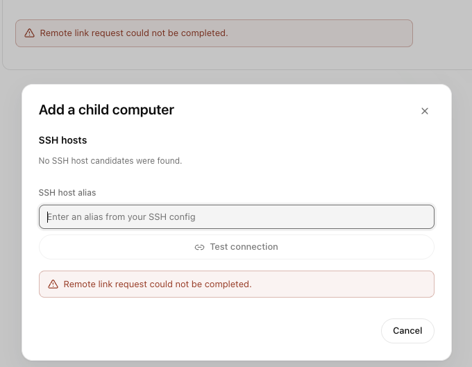 Add a child computer dialog with an empty host list and duplicate generic errors